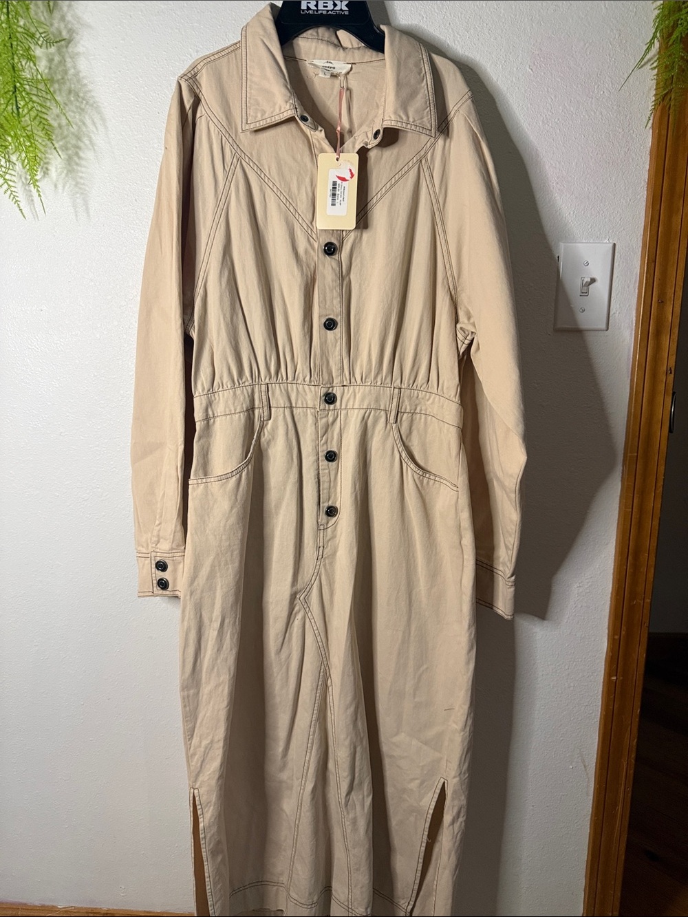 Entro Beige Button-Front Long Sleeve Maxi Dress NWT Large
